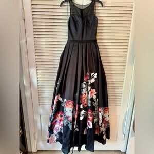 NWT GORGEOUS BLK SHEER FLORAL ILLUSION GOWN SZ 4, 64” LONG W/BUILT IN CRINOLINE